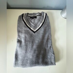 Banana Republic Gray V-Neck Sweater with Striped Trim